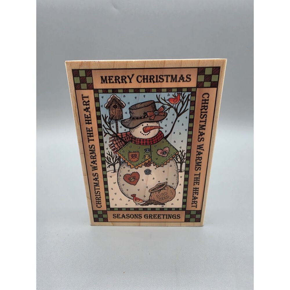 HERO ARTS rubber stamp Christmas Season's Greetings Snowman Birds Primitive - Picture 1 of 7